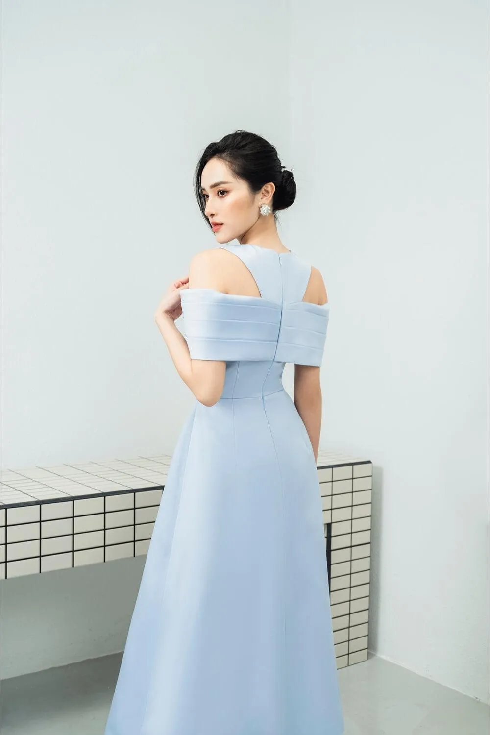 Raina A-line Open Shoulder Taffeta Midi Dress