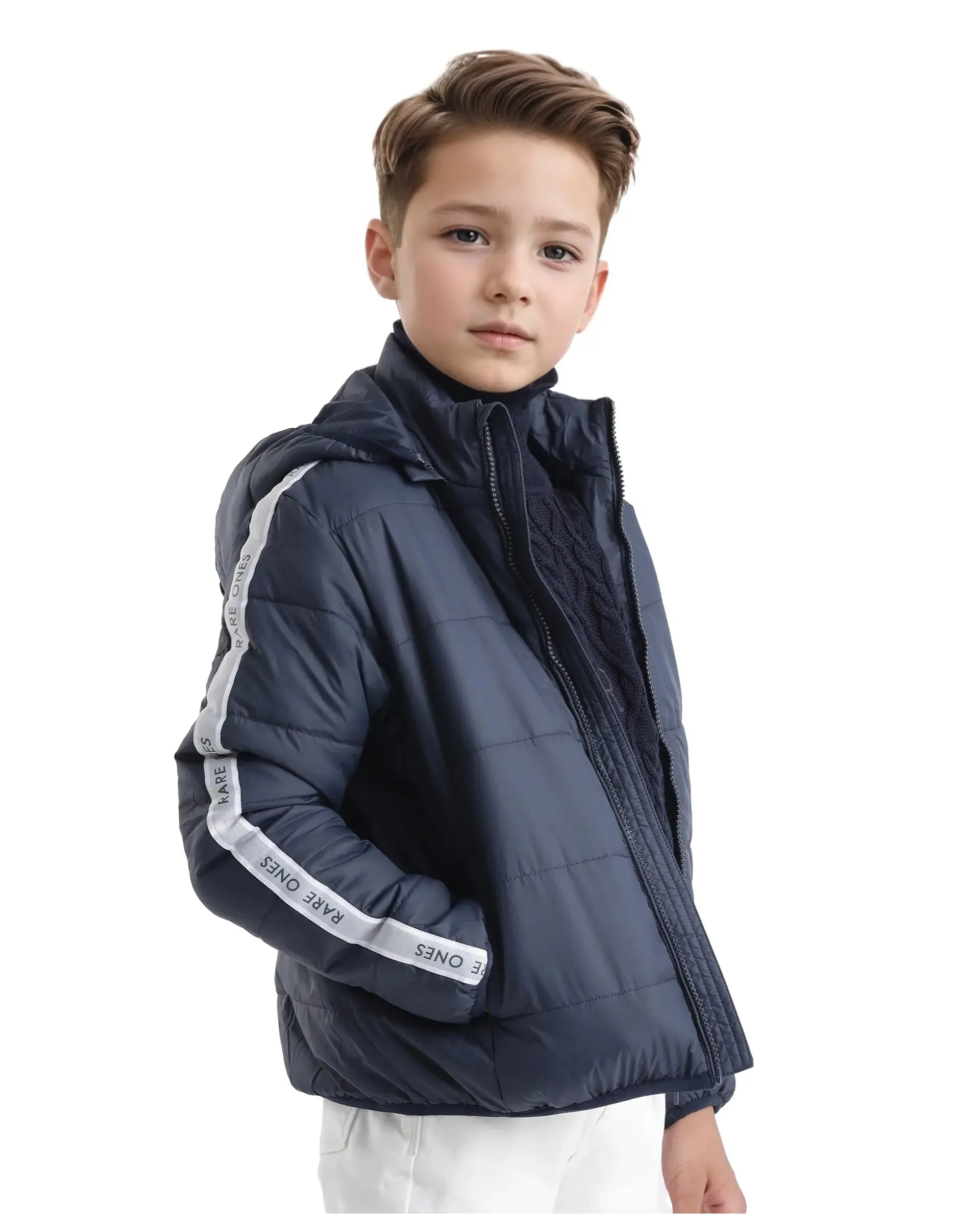 Rare Ones Kids Bolin Navy Polyester Full Sleeve Hooded Solid Jacket