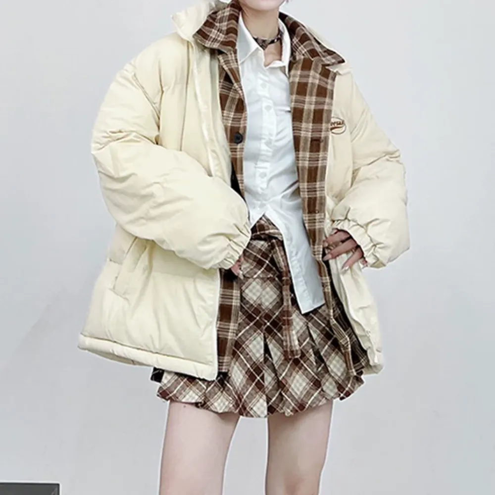 Retro Plaid Lined Fake Two Pieces Coat