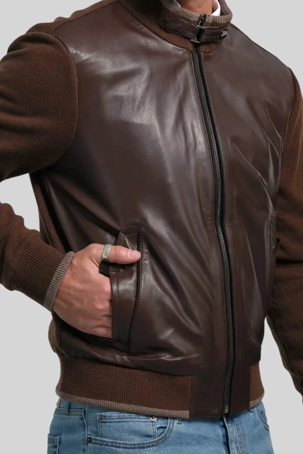 Romano Leather Jacket with Knitted Sleeves