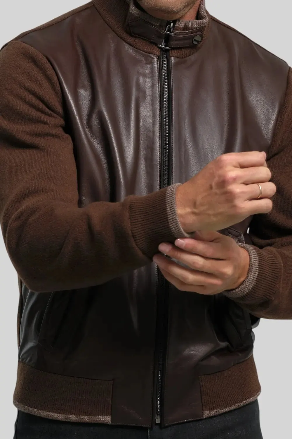 Romano Leather Jacket with Knitted Sleeves