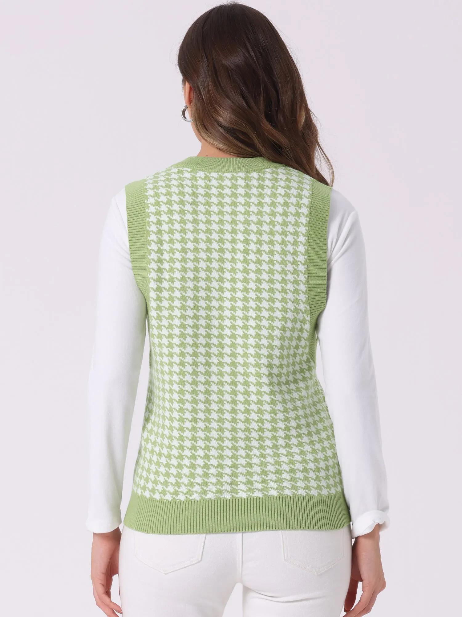 Round Neck Vest Sleeveless Houndstooth Plaid Knitted Sweater