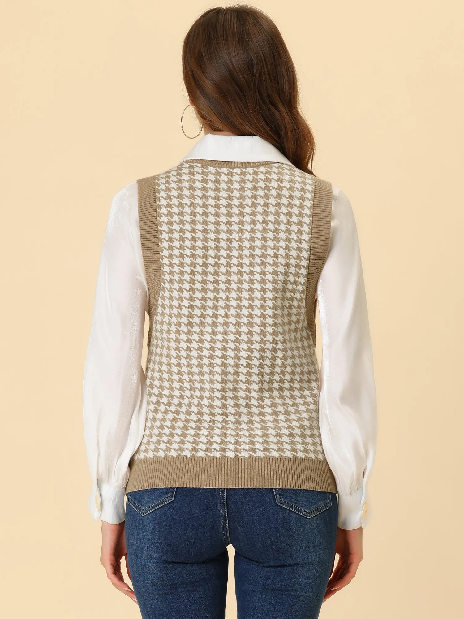 Round Neck Vest Sleeveless Houndstooth Plaid Knitted Sweater