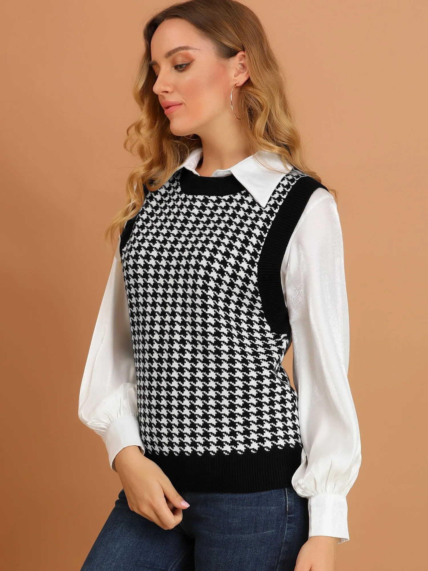 Round Neck Vest Sleeveless Houndstooth Plaid Knitted Sweater