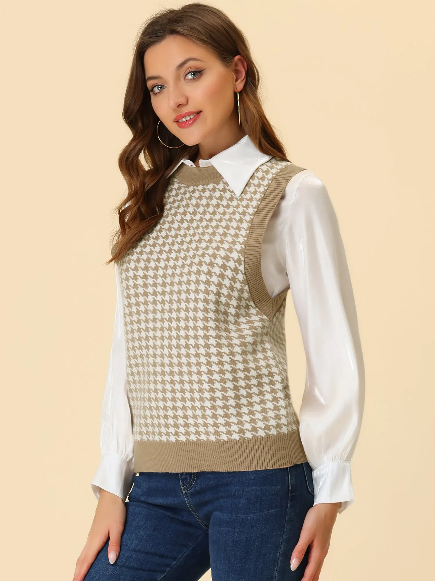 Round Neck Vest Sleeveless Houndstooth Plaid Knitted Sweater