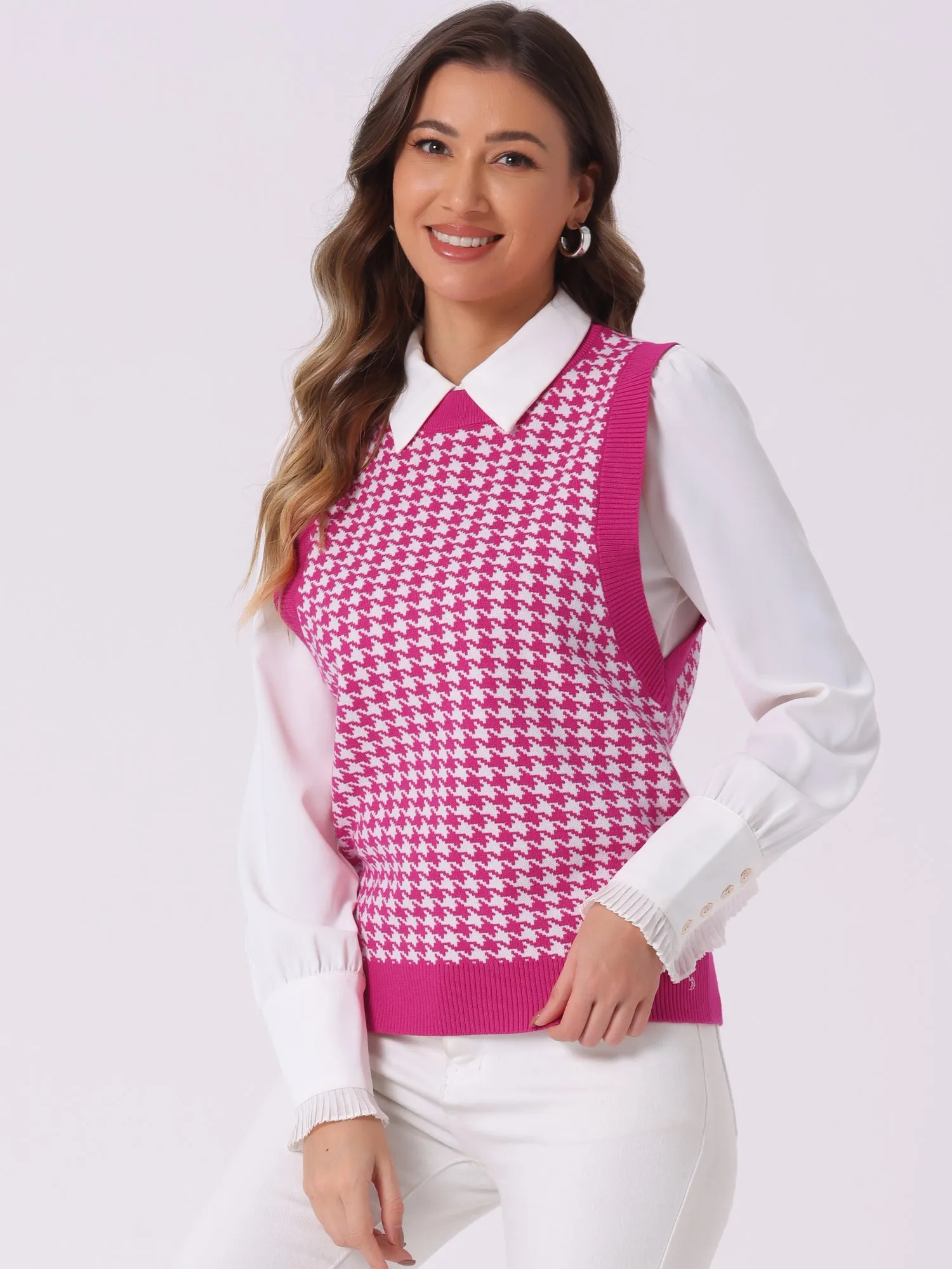 Round Neck Vest Sleeveless Houndstooth Plaid Knitted Sweater