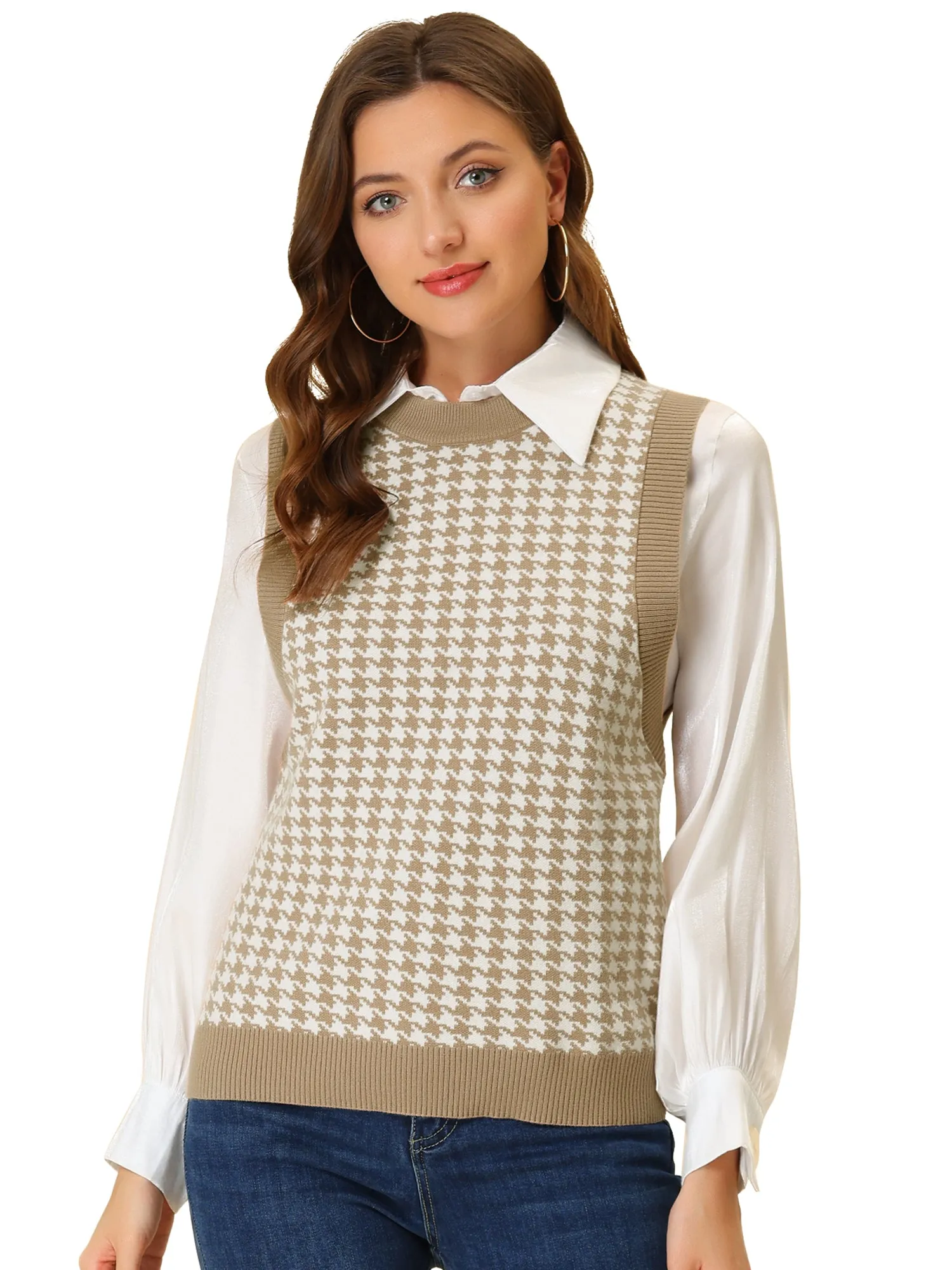 Round Neck Vest Sleeveless Houndstooth Plaid Knitted Sweater