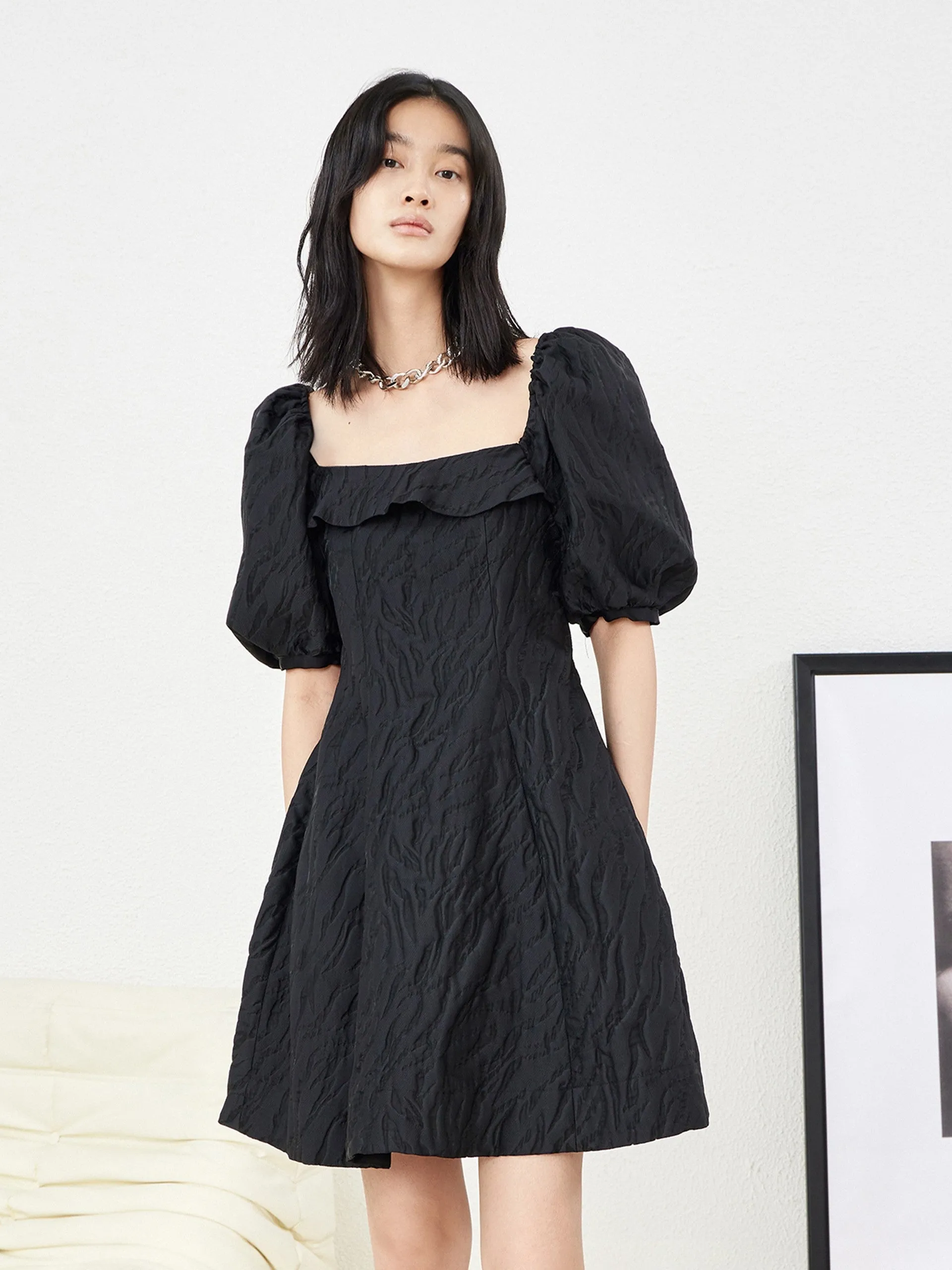 Ruffle Neck Puff Sleeve Dress