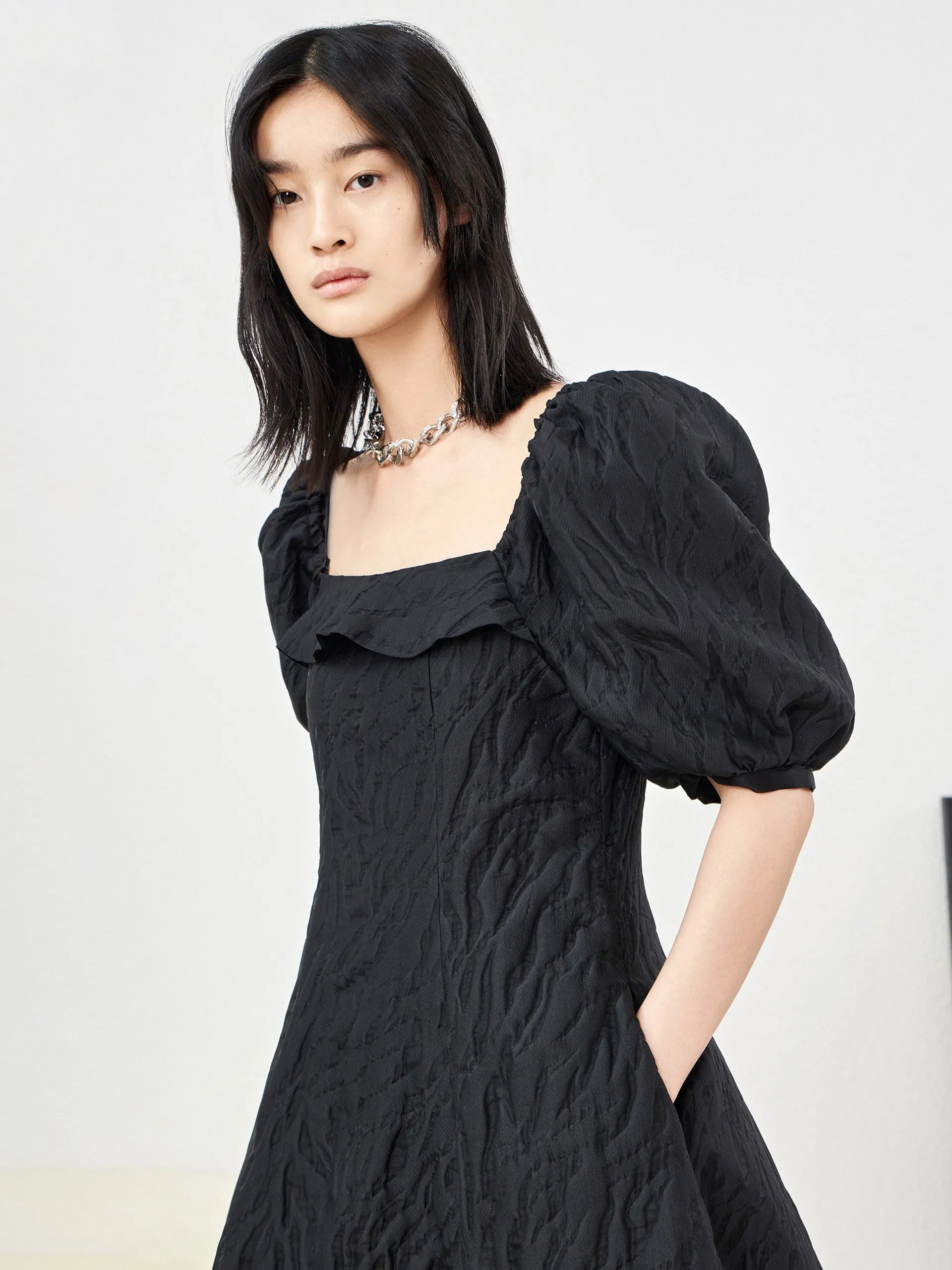 Ruffle Neck Puff Sleeve Dress