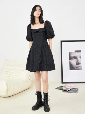 Ruffle Neck Puff Sleeve Dress