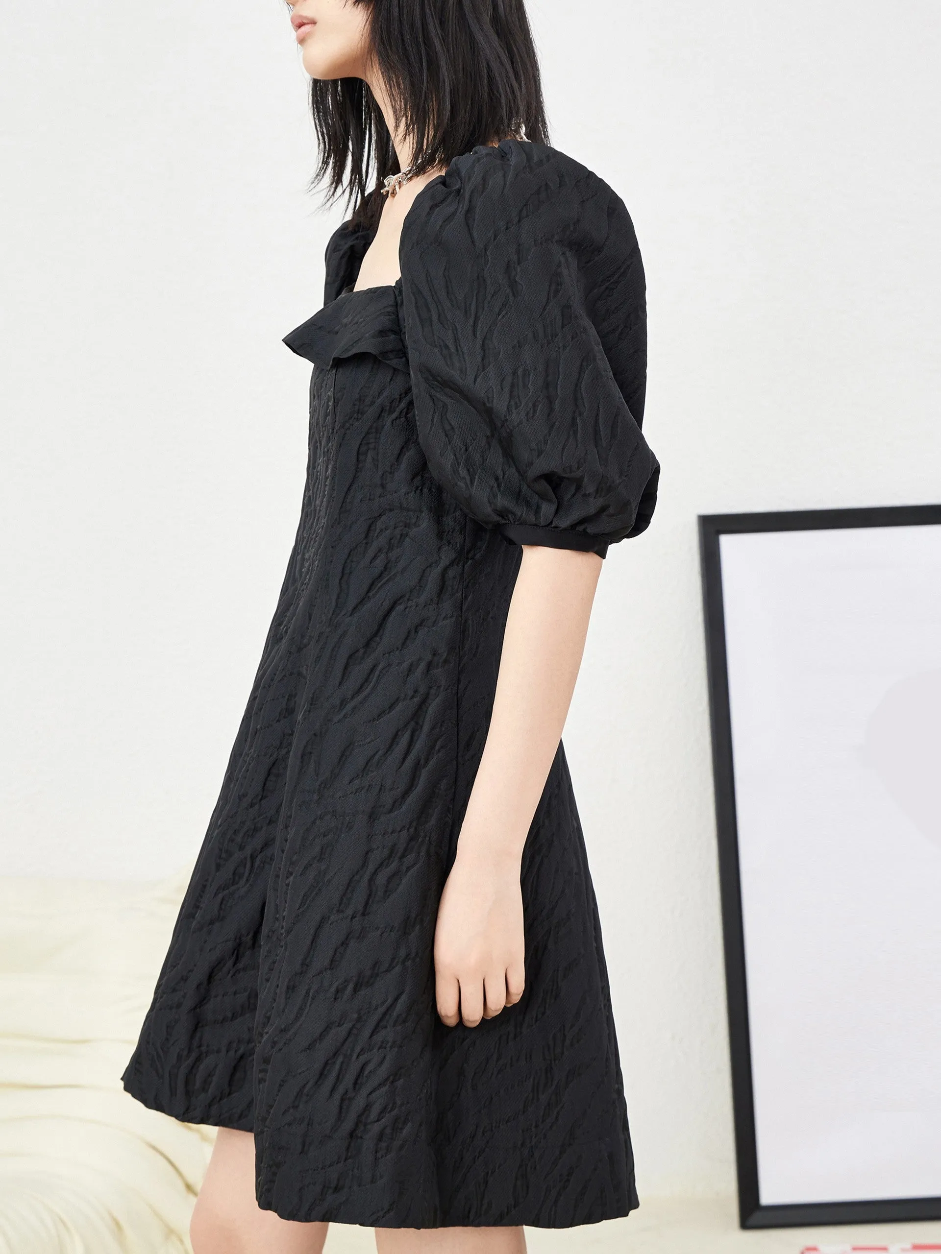 Ruffle Neck Puff Sleeve Dress