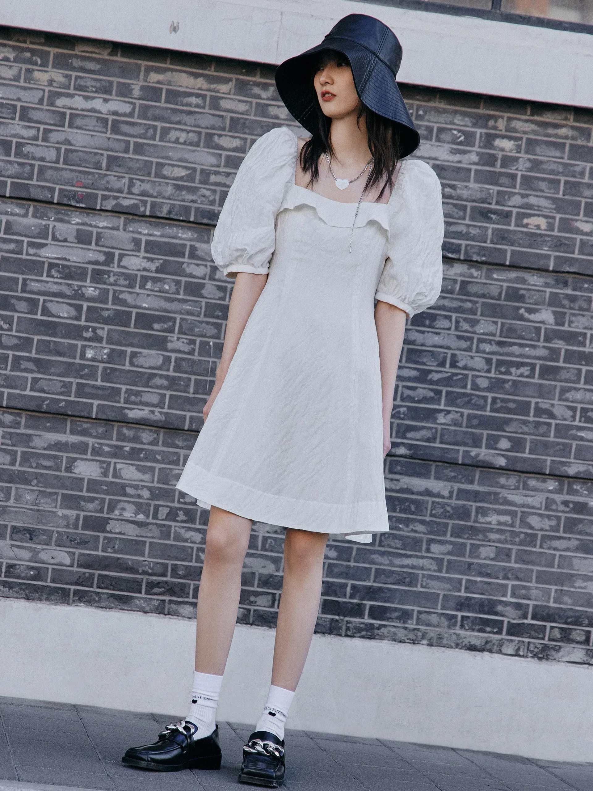 Ruffle Neck Puff Sleeve Dress