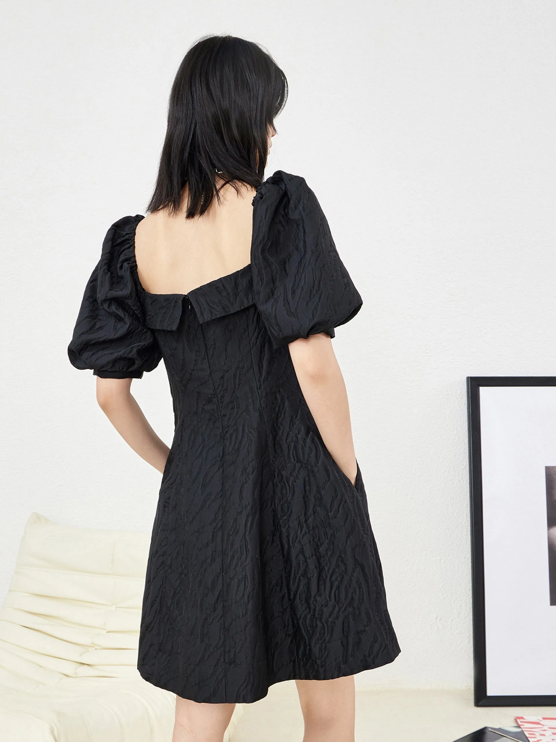 Ruffle Neck Puff Sleeve Dress