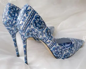 Sexy Cobalt Blue & White Porcelain Print Heels