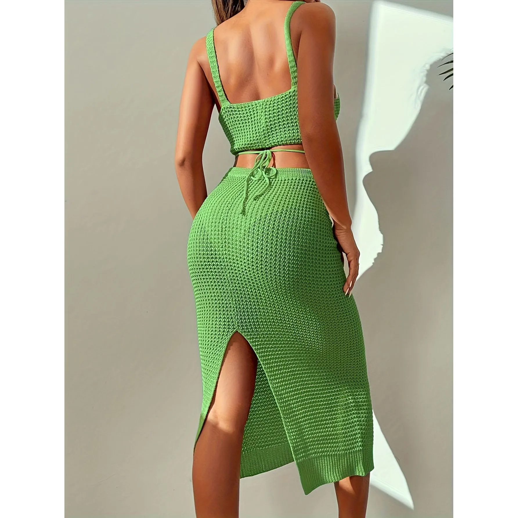 Sexy Knitted Square Neck Crop Cami Top & Split Back High Waist Bodycon Midi Skirt Outfit Set