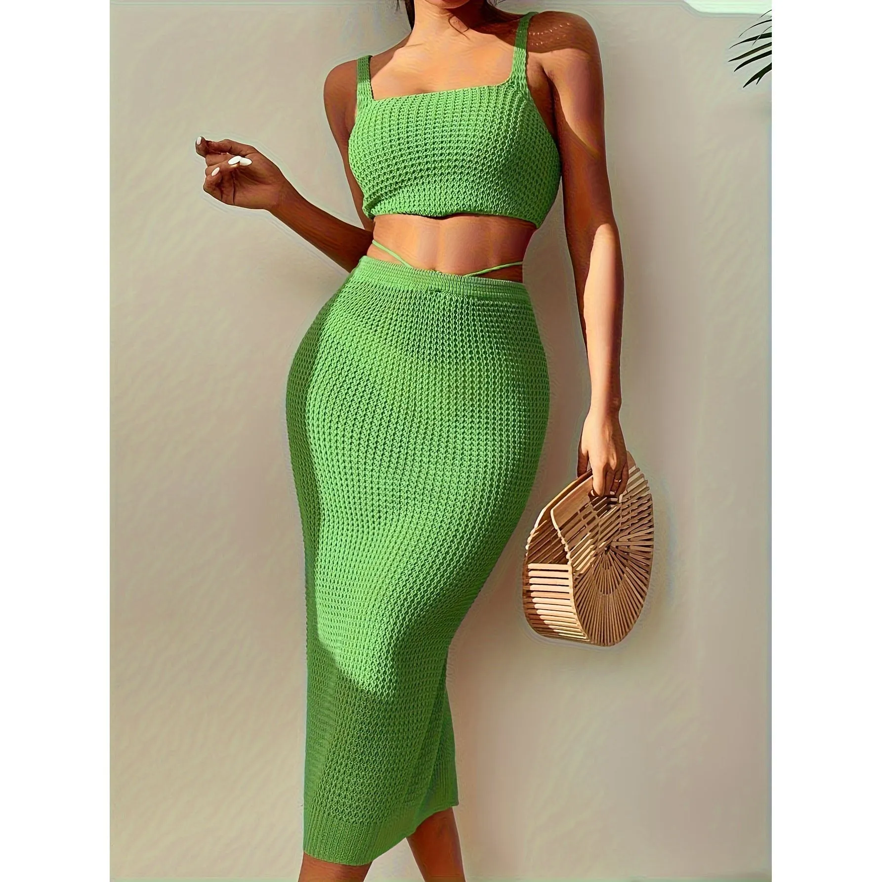 Sexy Knitted Square Neck Crop Cami Top & Split Back High Waist Bodycon Midi Skirt Outfit Set