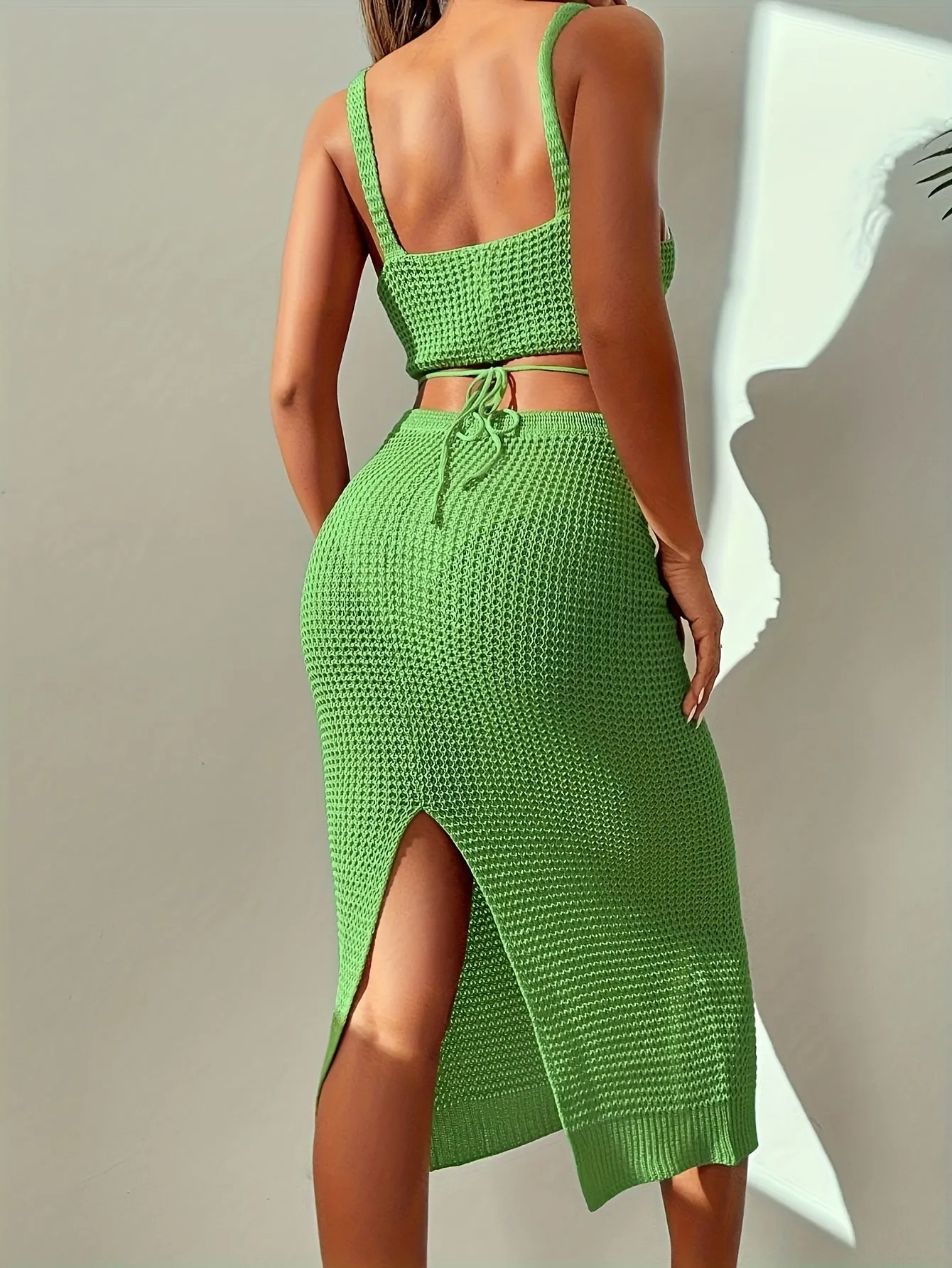 Sexy Knitted Square Neck Crop Cami Top & Split Back High Waist Bodycon Midi Skirt Outfit Set