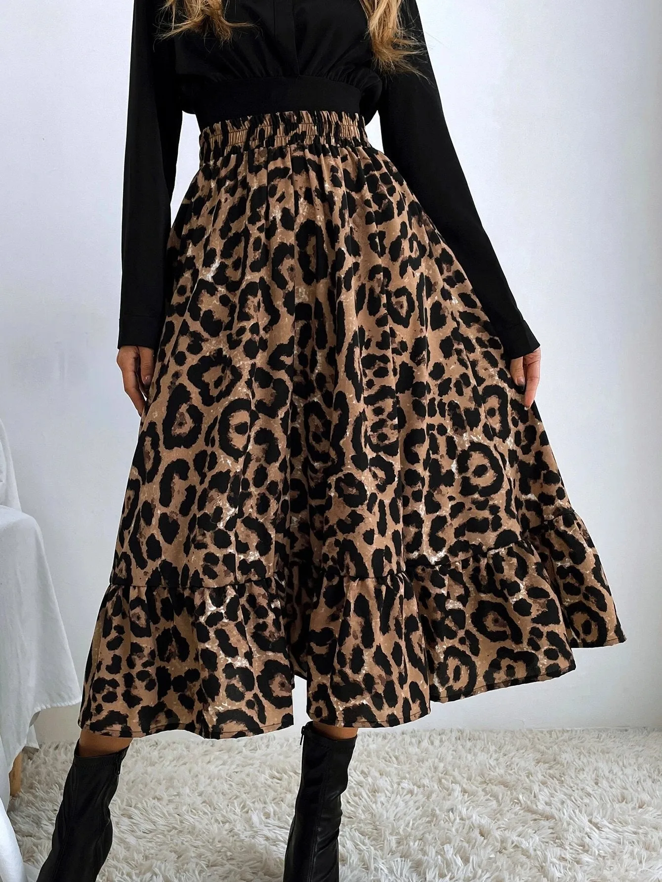 SHEIN Leopard Print Ruffle Hem Skirt