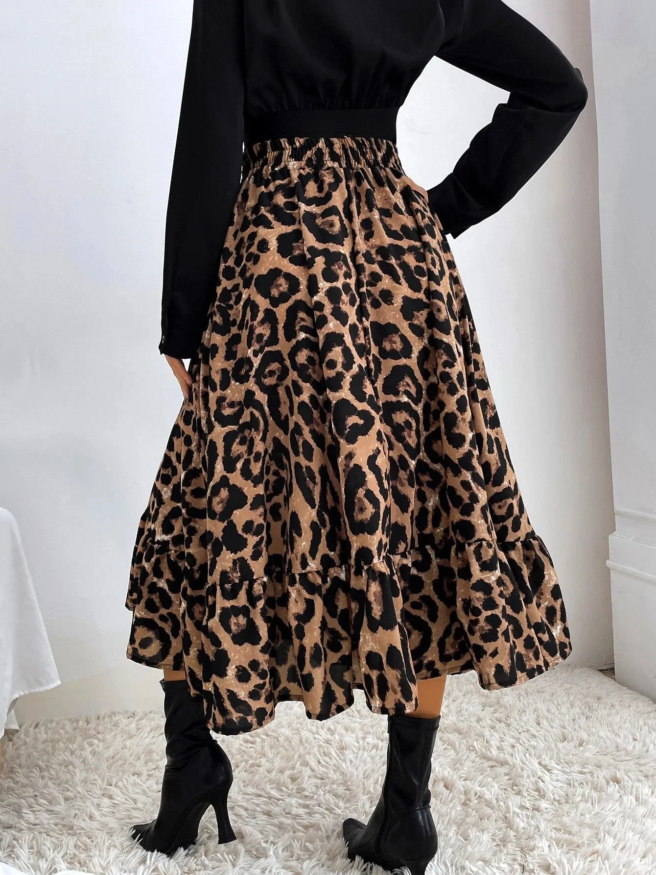 SHEIN Leopard Print Ruffle Hem Skirt