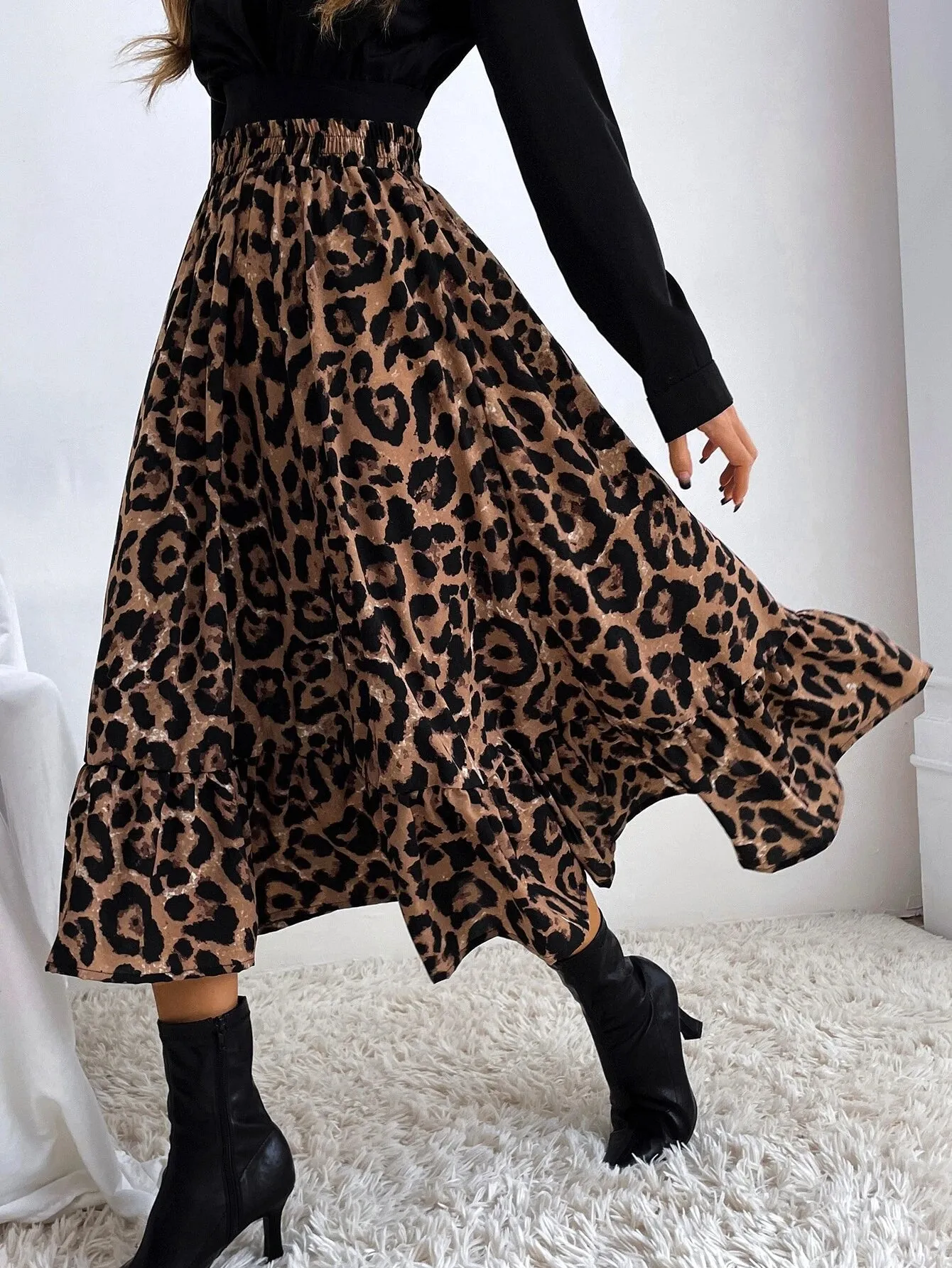 SHEIN Leopard Print Ruffle Hem Skirt