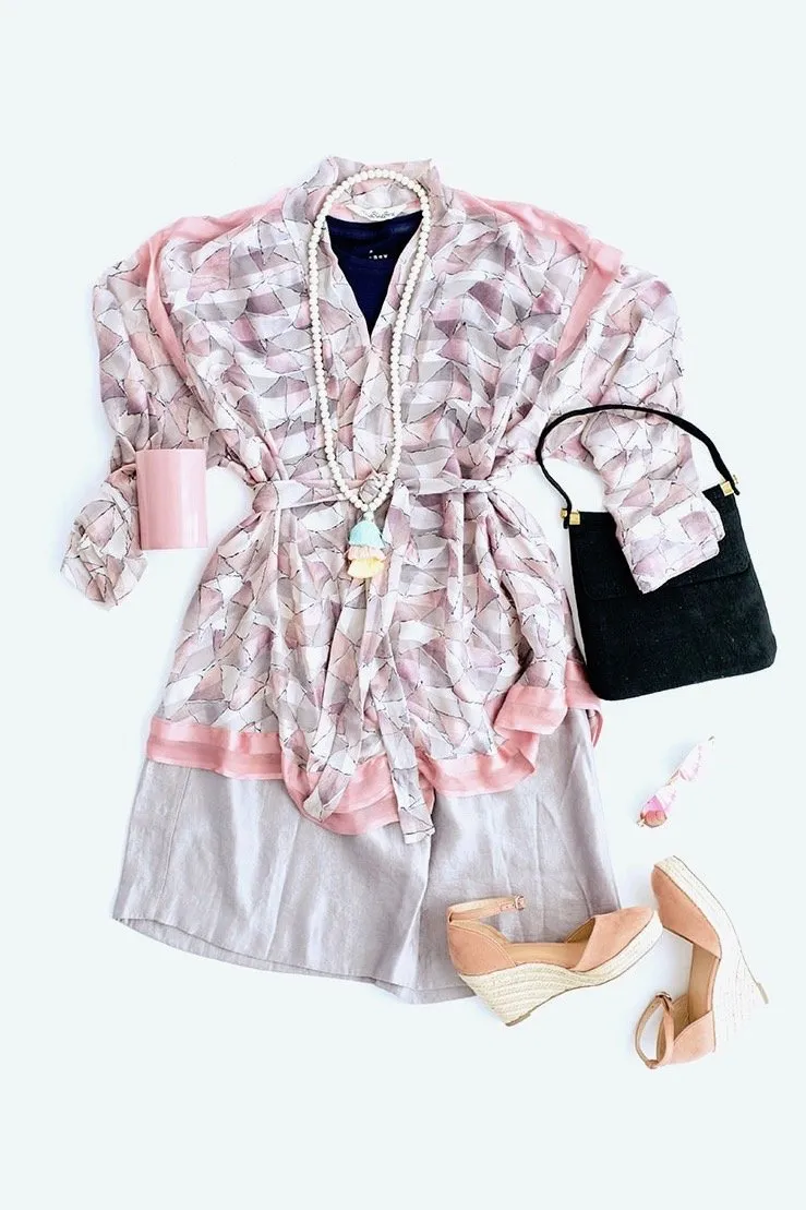 Silk Sari Kimono Cardigan / Pastel Pink & Grey