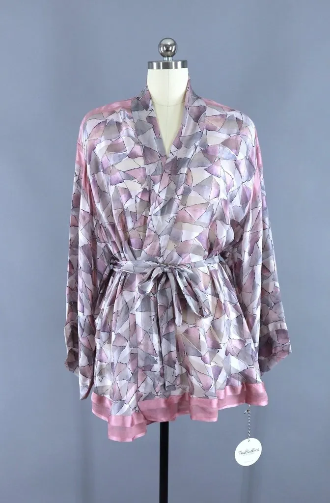 Silk Sari Kimono Cardigan / Pastel Pink & Grey