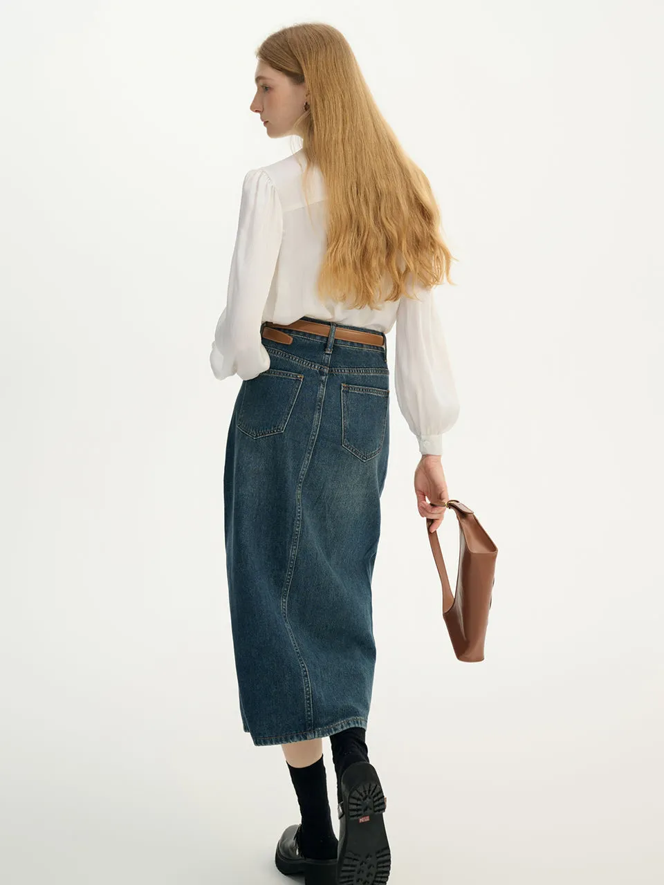 Slit midi denim skirt