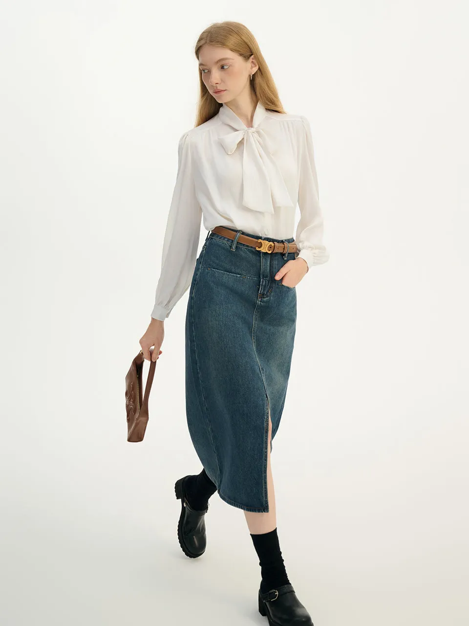 Slit midi denim skirt