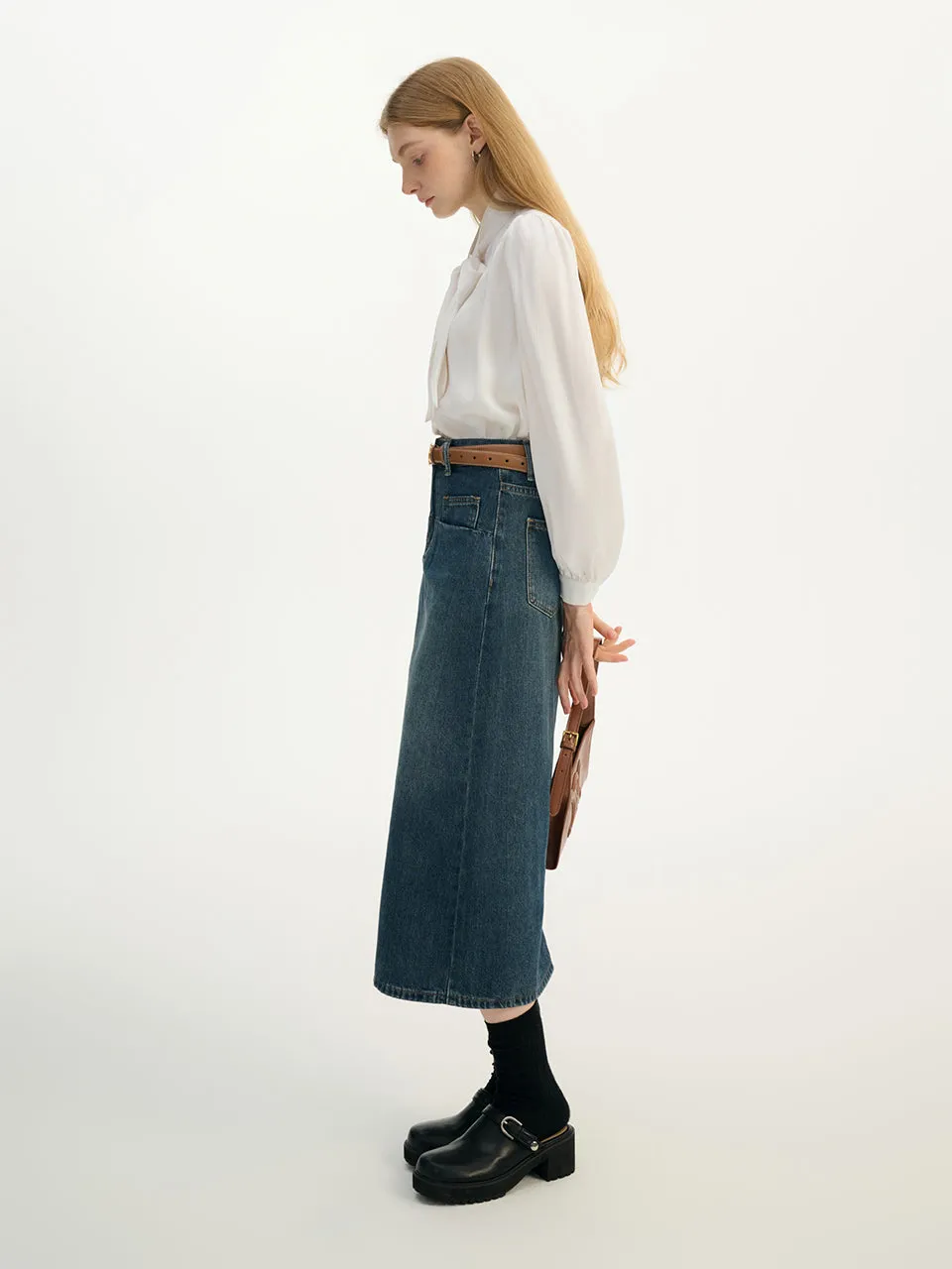 Slit midi denim skirt