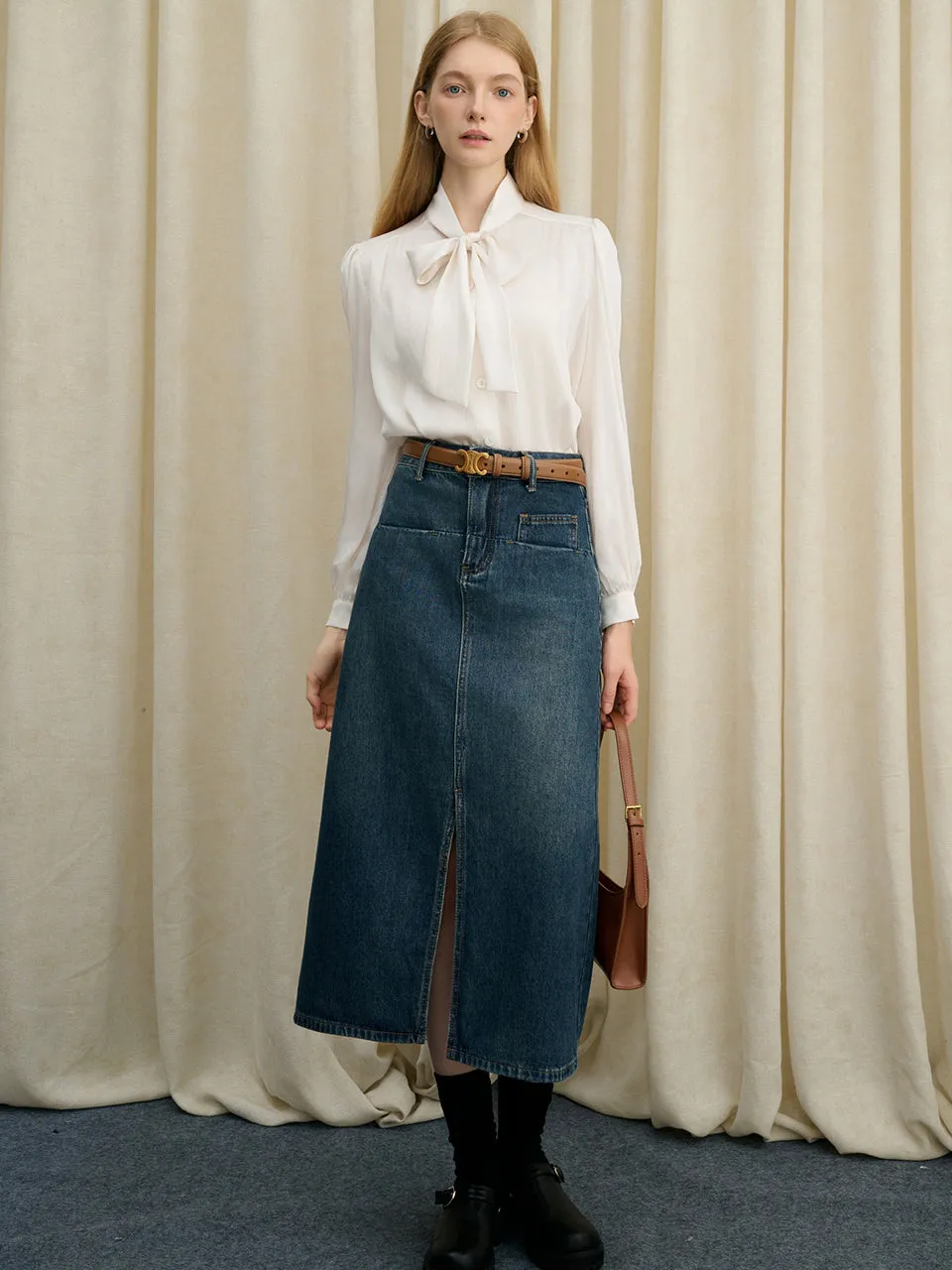 Slit midi denim skirt