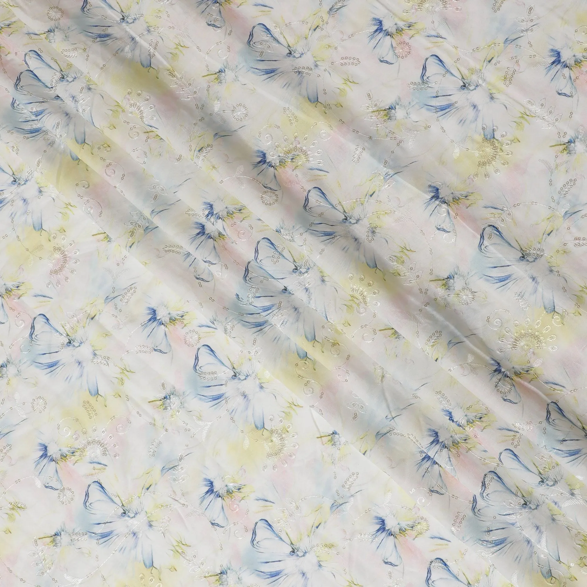 Soft Pastel Floral Sequin Embroidered Synthetic Cotton Fabric - 110cm Wide-D18551