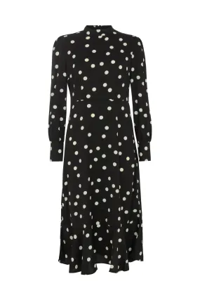 Sophie Tiered Hem Polka Dot Print Midi Dress In Black