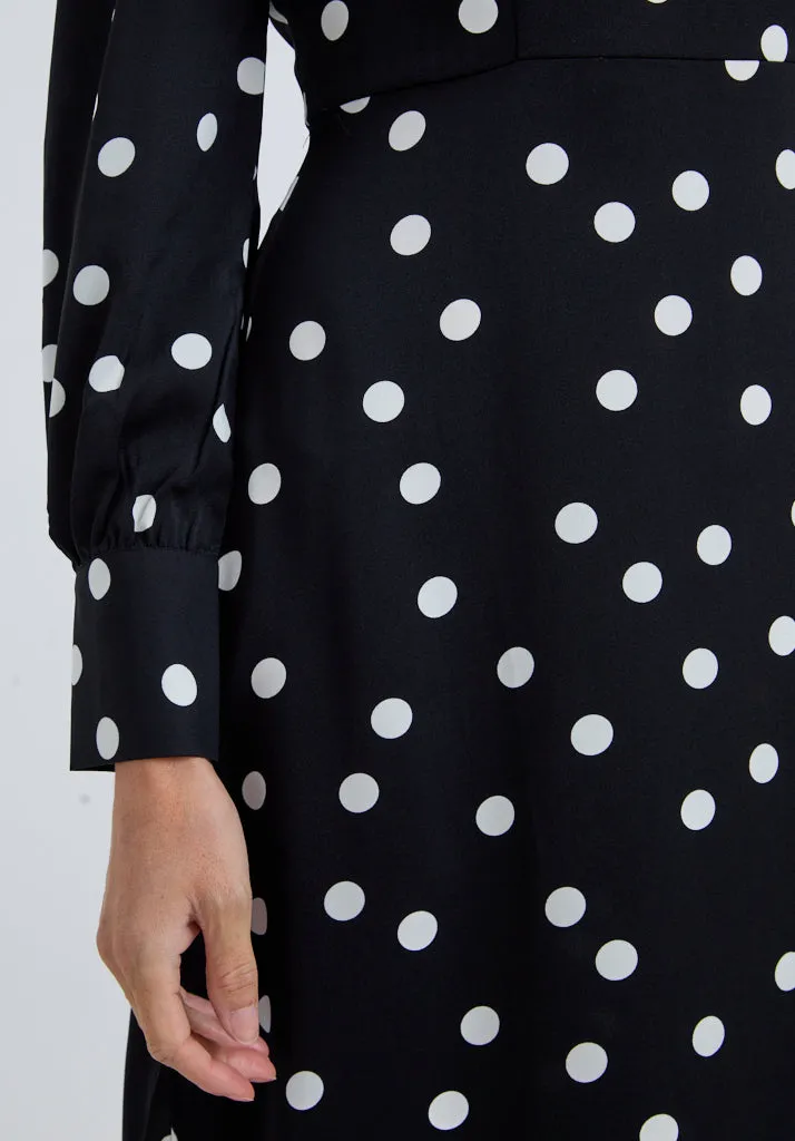 Sophie Tiered Hem Polka Dot Print Midi Dress In Black