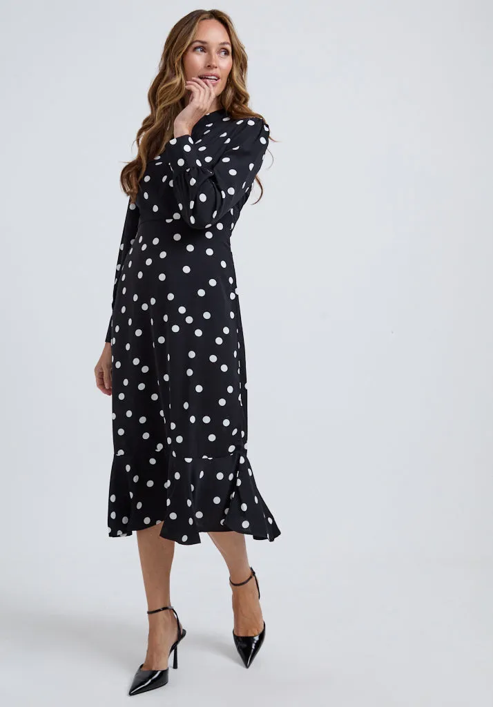 Sophie Tiered Hem Polka Dot Print Midi Dress In Black