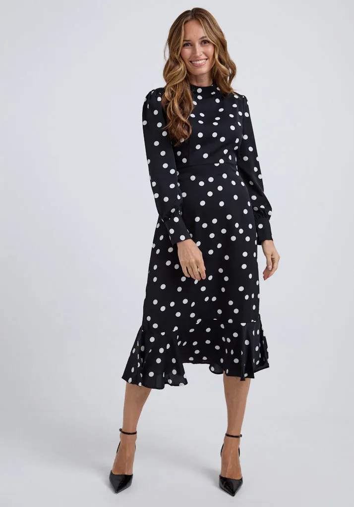 Sophie Tiered Hem Polka Dot Print Midi Dress In Black