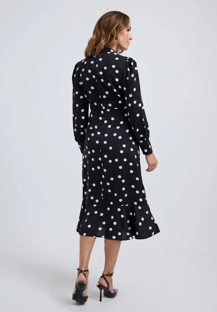 Sophie Tiered Hem Polka Dot Print Midi Dress In Black