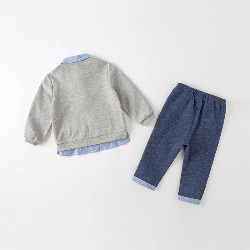 Space Travel Boy Fake Two-piece Grey Sweater & Pants Set