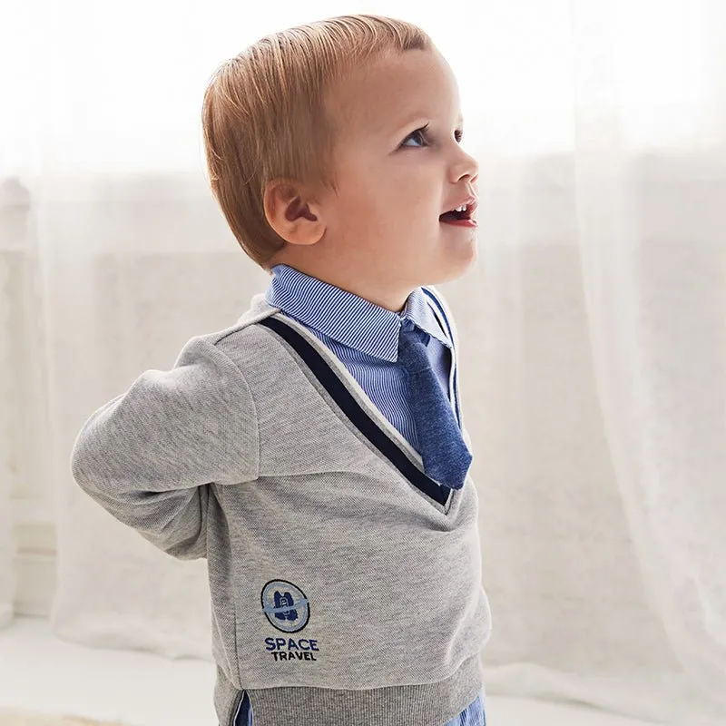 Space Travel Boy Fake Two-piece Grey Sweater & Pants Set