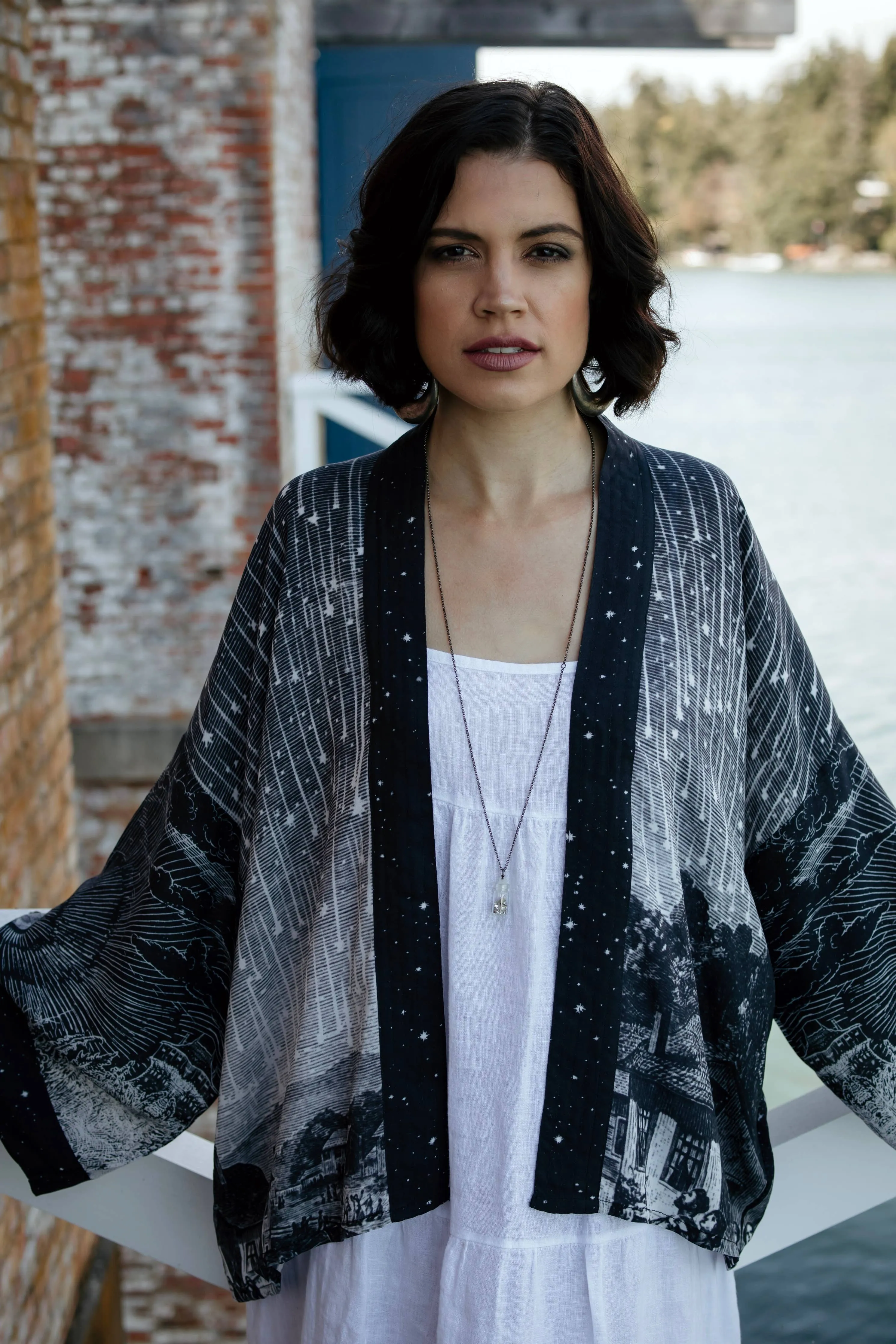 Stargazer Cropped Bamboo Kimono Cardigan with Falling Stars