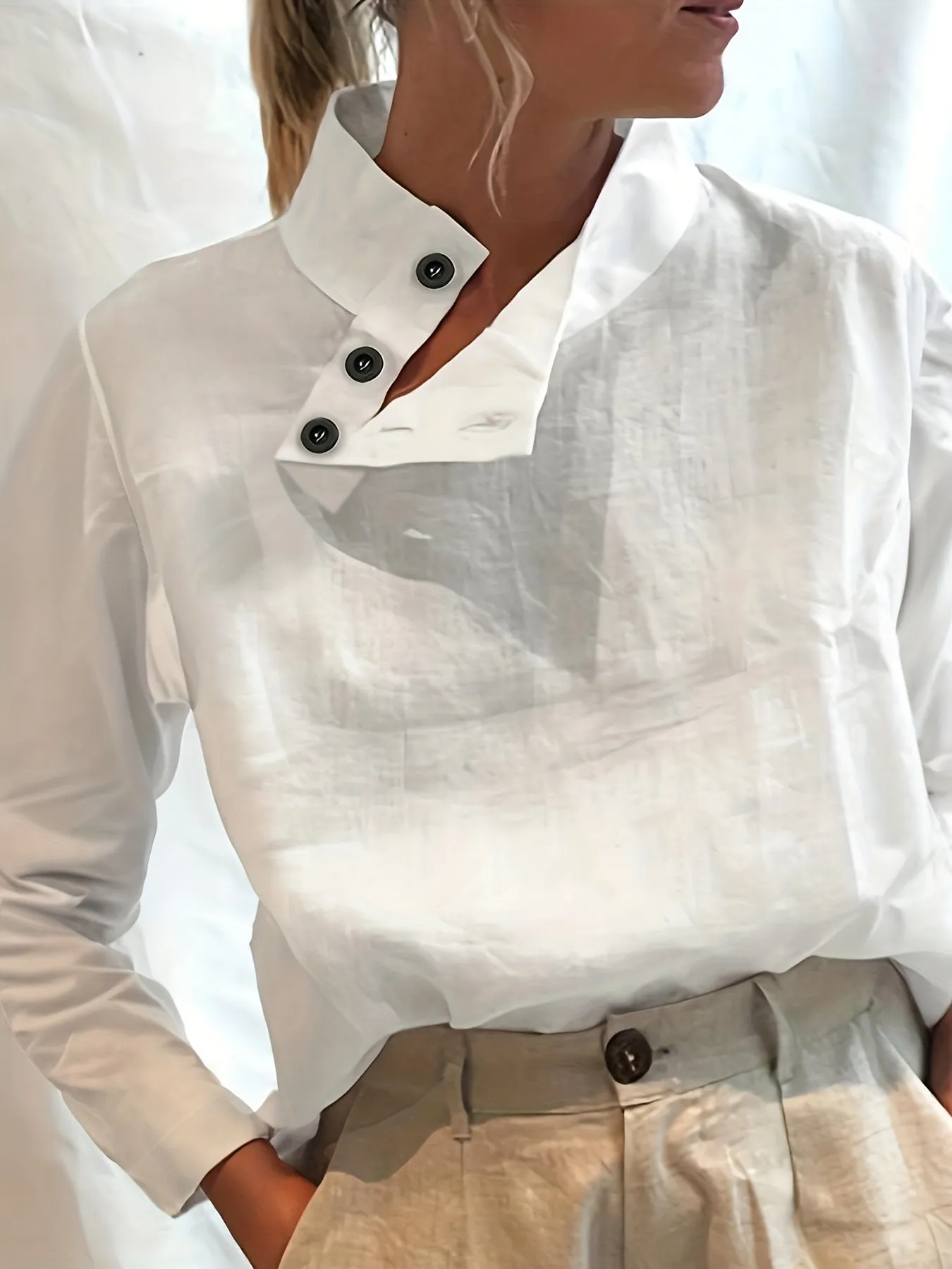 Stylish and Versatile Solid Slant Button Blouse for Women