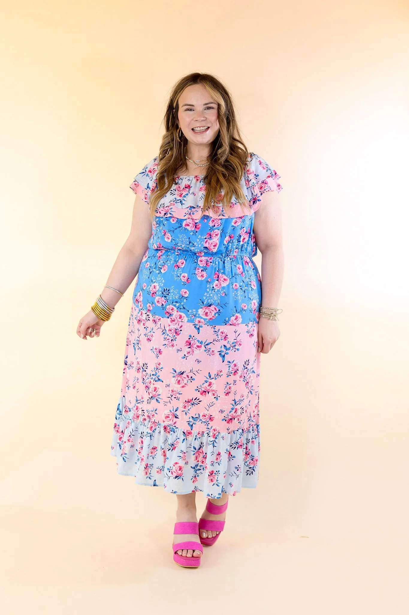 Tides In Tulum Floral Midi Dress with Ruffle Sleeves in Pink and Blue