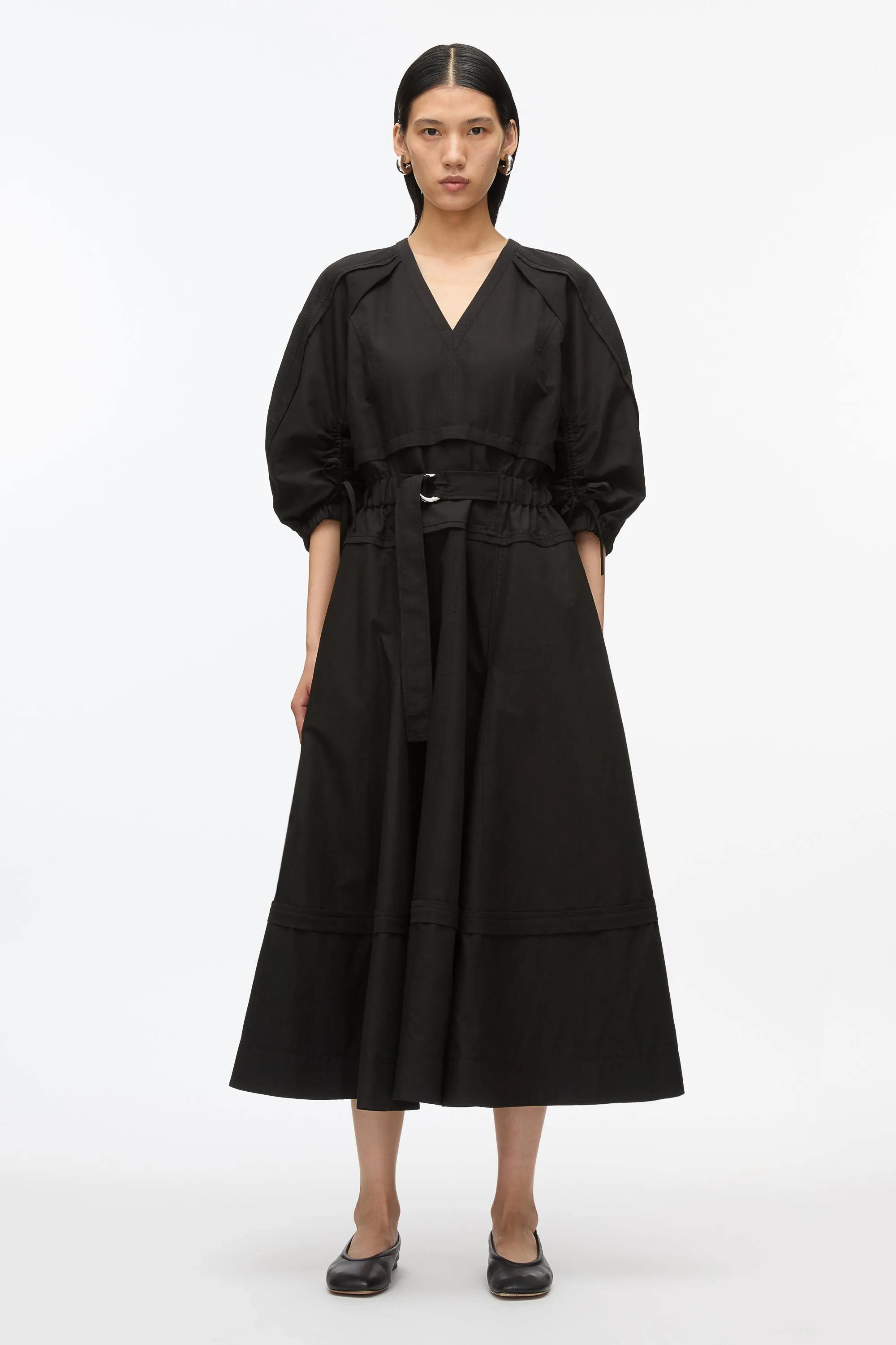 V-Neck Dress with Gathered Sleeves