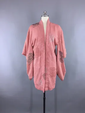 Vintage 1930s Silk Haori Kimono Cardigan / Pink Peach Embroidered Kimono