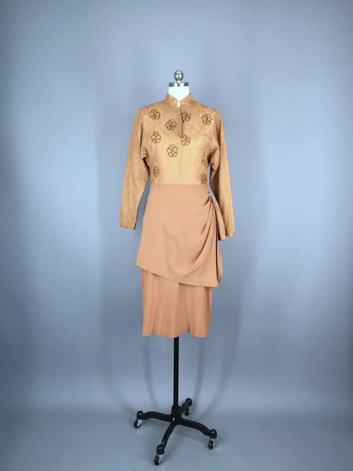 Vintage 1940s Caramel Brown Beaded  Lace Cocktail Dress