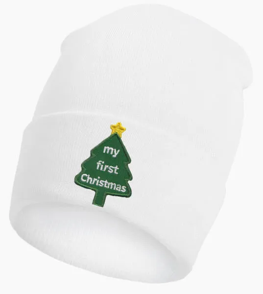 White Gender Neutral Christmas Hat for Newborns Green Christmas Tree - My First Christmas