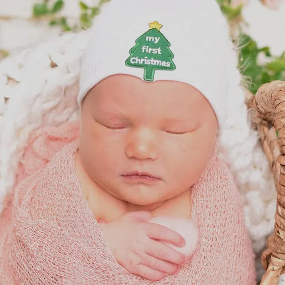 White Gender Neutral Christmas Hat for Newborns Green Christmas Tree - My First Christmas