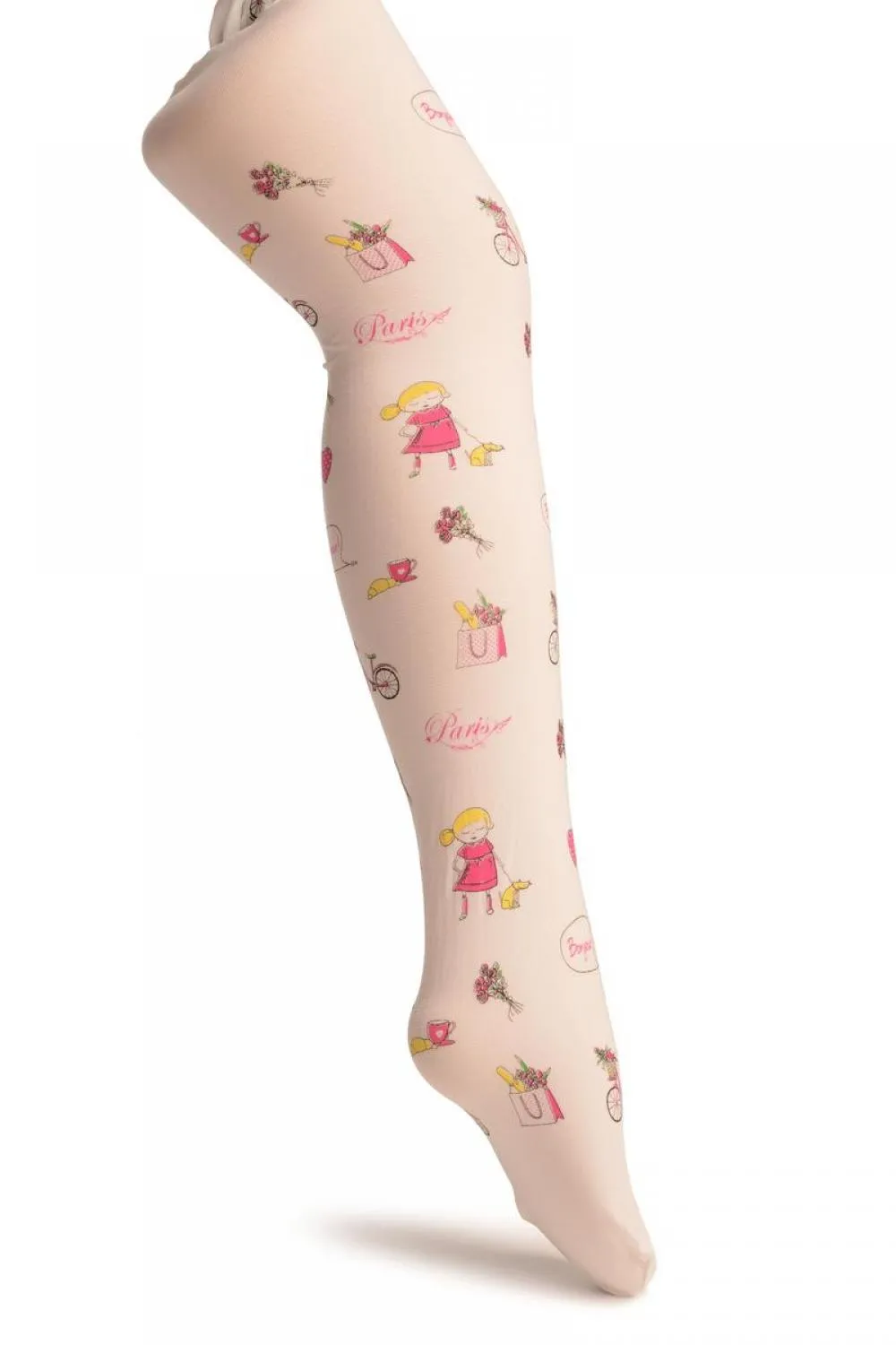 White With Printed Little Girl In Paris - Girls Tights