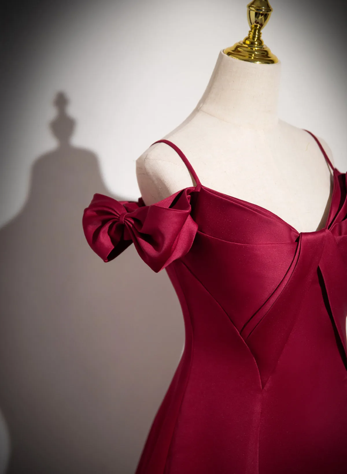 Wine Red Satin Straps Off Shoulder Party Dress, Wine Red Long Prom Dress