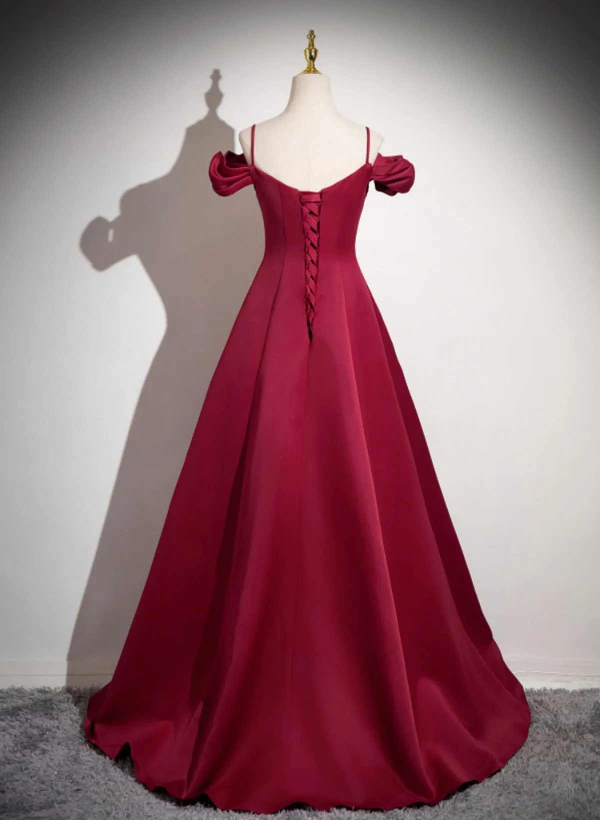 Wine Red Satin Straps Off Shoulder Party Dress, Wine Red Long Prom Dress