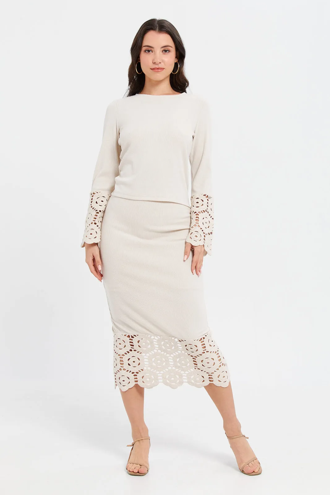 Women Beige Crochet Ribbed Skirt